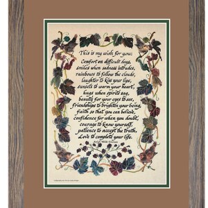 Puede incluir: Obra de arte enmarcada con un marco de madera marr&oacute;n. La obra presenta un poema con caligraf&iacute;a e ilustraciones de p&aacute;jaros y hojas. El texto dice "This is my wish for you..." y contin&uacute;a con un mensaje sincero.