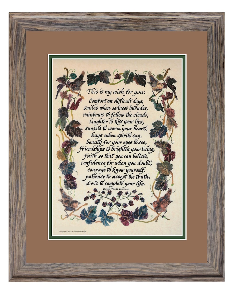 Puede incluir: Obra de arte enmarcada con un marco de madera marr&oacute;n. La obra presenta un poema con caligraf&iacute;a e ilustraciones de p&aacute;jaros y hojas. El texto dice "This is my wish for you..." y contin&uacute;a con un mensaje sincero.