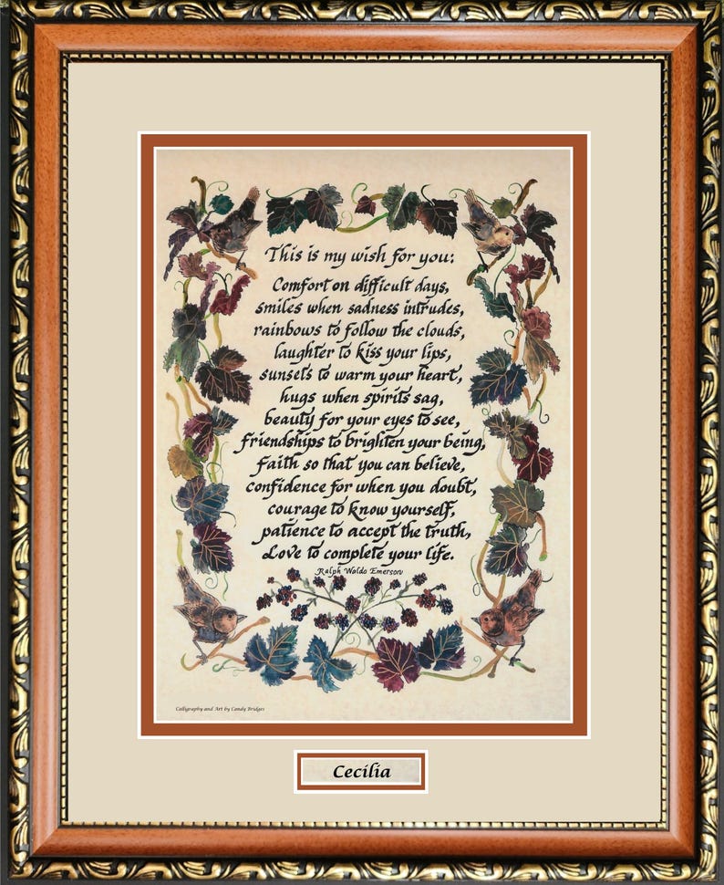 Puede incluir: Obra de arte enmarcada con un poema, en un marco de madera marr&oacute;n con detalles dorados. El poema, rodeado de vides y p&aacute;jaros, comienza con "This is my wish for you..." y est&aacute; firmado "Cecilia."