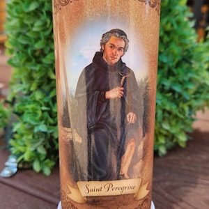 St. Peregrine glass battery operated candle with prayer