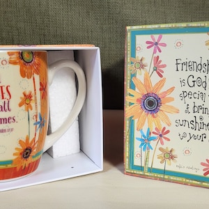 Friendship mug colorful flowers with Scripture