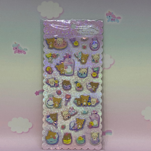 New 2021 Holographic Rilakkuma Puffy Sticker Sheet Pink