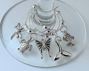 Summer Wine Glass Charms Silver Metal Charms and Rings Beach Ocean Butterfly Mermaid Tail Turtle Fish Dragon Fly By The Sea Gift with Wine