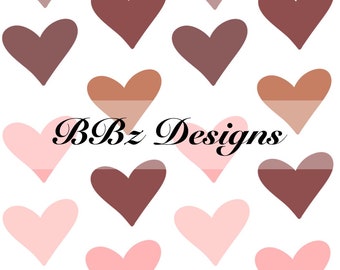 May include: A repeating pattern of hearts in various shades of pink, brown, and tan against a white background. The text BBz Designs is written in a black, cursive font across the center of the image, overlaying several of the heart shapes.
