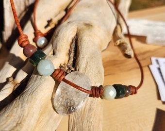 Crystal quartz rainbow jasper amazonite indian agate 18 +- inches chakra jewelry ladies jewelry natural gemstones brown leather and pearls