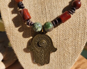 Hand of Fatima african turquoise red river jasper carnelian  leather 18 +_ inches