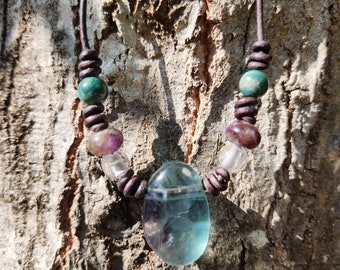 Flourite crystal quartz amethyst rainbow jasper crystal jewelry chakra necklace healing stones 18+- inches leather  pearls chakra's