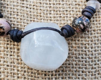 CRYSTAL Quartz natural gemstones healing stones chakras leather rhodonite obsidian black leather 20 inches
