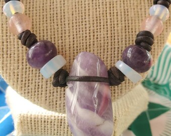 Banded amethyst rose quartz 20 inches chakra jewelry healing crystals natural gemstones black leather and pearls