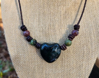 heart shaped stone boho hippie unisex leather healing gemstones natural chakra necklace handmade crystal jewelry chakra stones 16+- inches