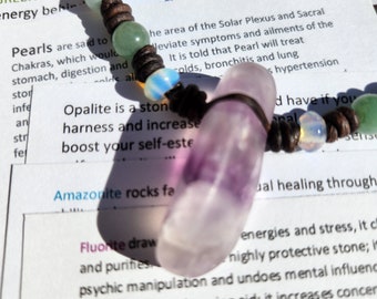 Fluorite opalite crystal jewelry crystal gemstones leather and pearls chakra healing jewelry 16 inches natural stones