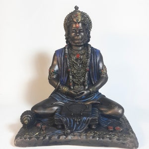 Lord Hanuman Sitting Religious Hindu Statue with Gada, Indian Bahubali God Figurine Resin Rambhakta Monkey God