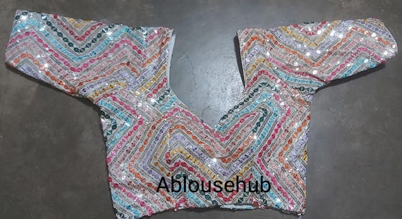 Made To Order Multicolour Chamki Work Blouse In Sweetheart Neck And Elbow Sleeves,Back Open,Padded Blouse,Wedding Blouse, Partywear Blouse.