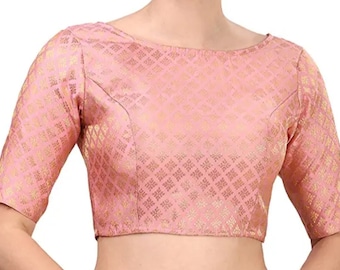 Beautiful Light Pink Brocade Blouse In Boat Neck And Elbow Sleeves, Back Open Blouse, Saree Blouse, Indian Blouse, All Size Available...