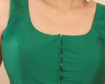 Made To Order Green Tapeta Silk Blouse In Front And Back Round Neck And Sleevless, Front Open Blouse, Saree Blouse,Indian Blouse....