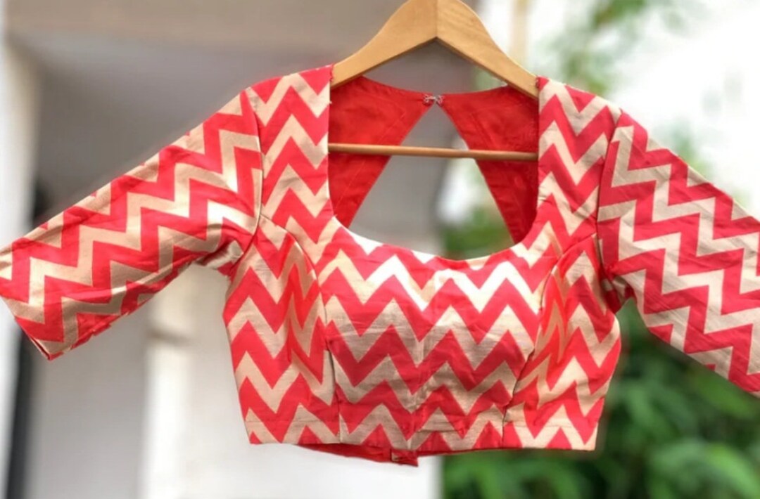 Made to Order Red Banarsi Brocade Zigzag Blouse in Elbow Sleeves and