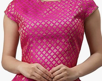 Beautiful Pink Brocade Kurti In Short Sleeves, Round Neck, skirt top,Indian kurti, All Size Available...