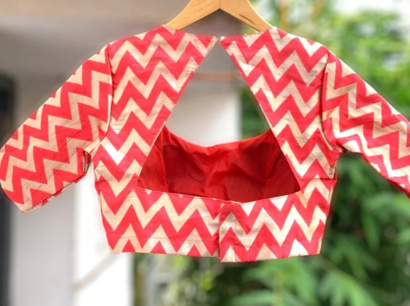 Made to Order Red Banarsi Brocade Zigzag Blouse in Elbow Sleeves and