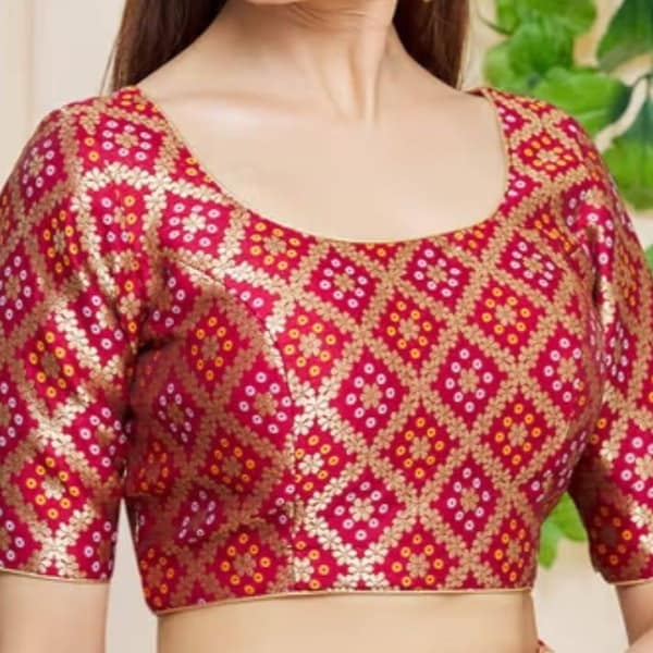 Red Bandhni Print Banarsi Blouse In Round Neck And Elbow Sleeves,Indian Blouse,Saree Blouse, Lehanga Blouse,