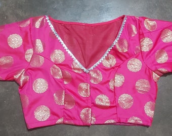 Made To Order Pink Brocade Blouse In Front V Neck And Elbow Sleeves With Beautiful Lace, Front Open Blouse, Indian Blouse,Saree Blouse...