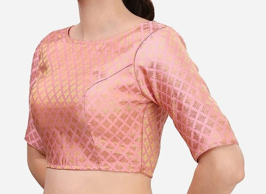 Pink Brocade Blouse with Deep V Neckline and Elbow Length Sleeves