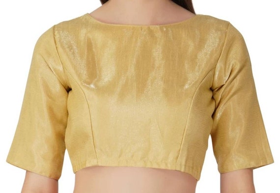 Indian Designer Golden White Silk Blouse In Boat Neck And Elbow Sleeves, Indian Blouse, Saree Blouse, Lehanga Blouse, All Size