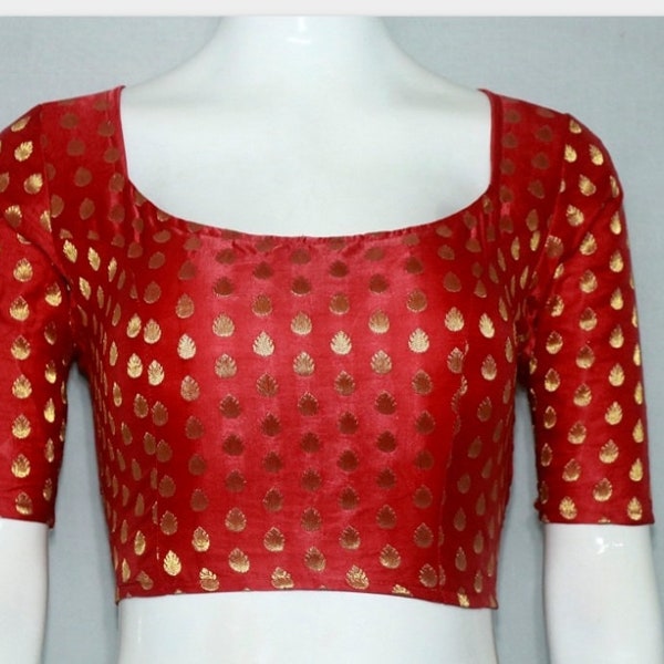 Handmade Red Silk Blouse In Round Neck And Elbow Sleeves, Back Open Blouse,Indian Blouse,Saree Blouse,WeddiWedding, All Size Available...
