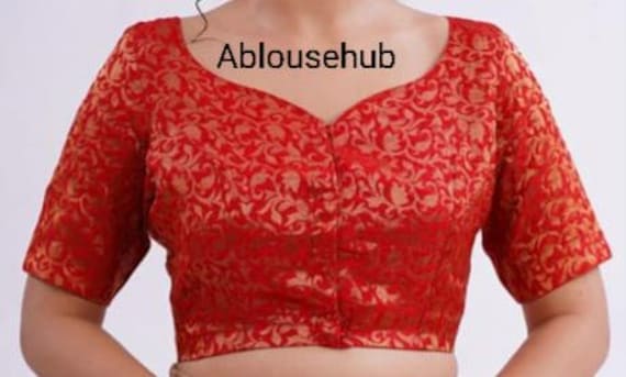 Made To Order Red Brocade Blouse In Sweetheart Neck And Front Open Blouse, Elbow Sleeves Blouse, Wedding Blouse,Partywear Blouse, All Size..