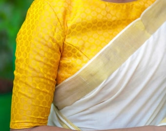 Made To Order Yellow Brocade Blouse In Front And Back Boat Neck And Back Open, Elbow Sleeves Blouse, Saree Blouse, Lehanga Blouse...
