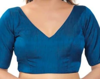Ready-made Cobalt Blue Colour Blouse In Front And Back V Neck, Indian Blouse,Designer Blouse,Saree Blouse,All Size Available...