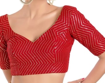 Ny röd blus med georgettetråd och paljetter, hjärtformad halsringning, blus med armbågsärmar, bröllopsblus, festblus, sariblus...