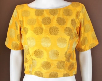 Beautiful Yellow Banarsi Blouse In Boat Neck And Elbow Sleeves, Back Open Blouse With Elbow sleeves, Saree Blouse, Indian Blouse....
