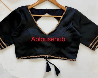 Made To Order Black Tapeta Silk Blouse,Front V Neck Blouse,Beautiful Lace Work,Wedding Blouse, Indian Blouse,Saree Blouse..