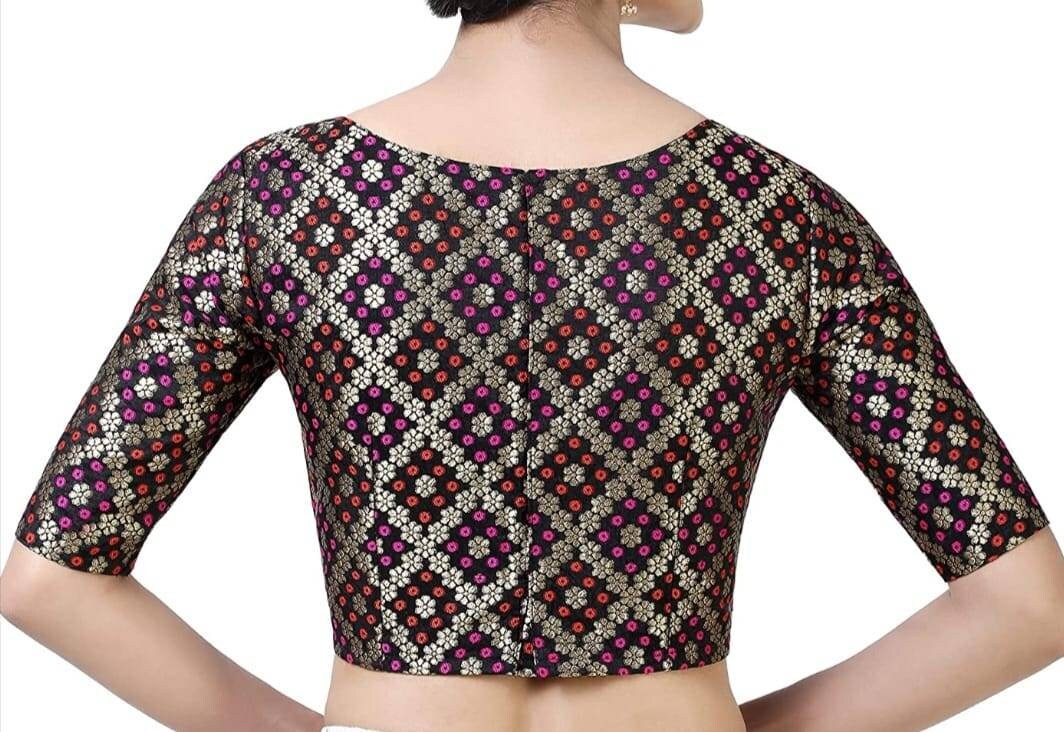 Sky Blue Bandhani Print Silk Blouse in Boat Neck..elbow Sleeves Blouse