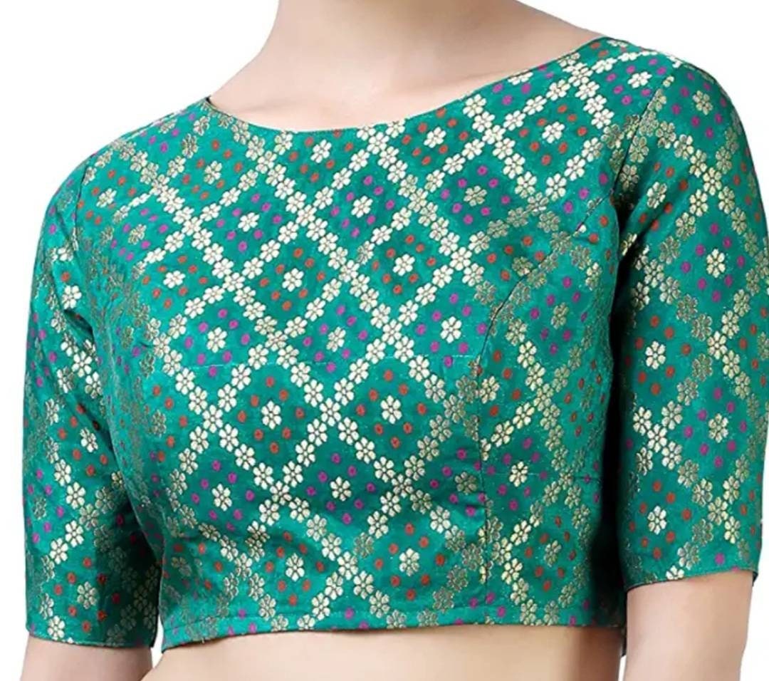 Sky Blue Bandhani Print Silk Blouse in Boat Neck..elbow Sleeves Blouse