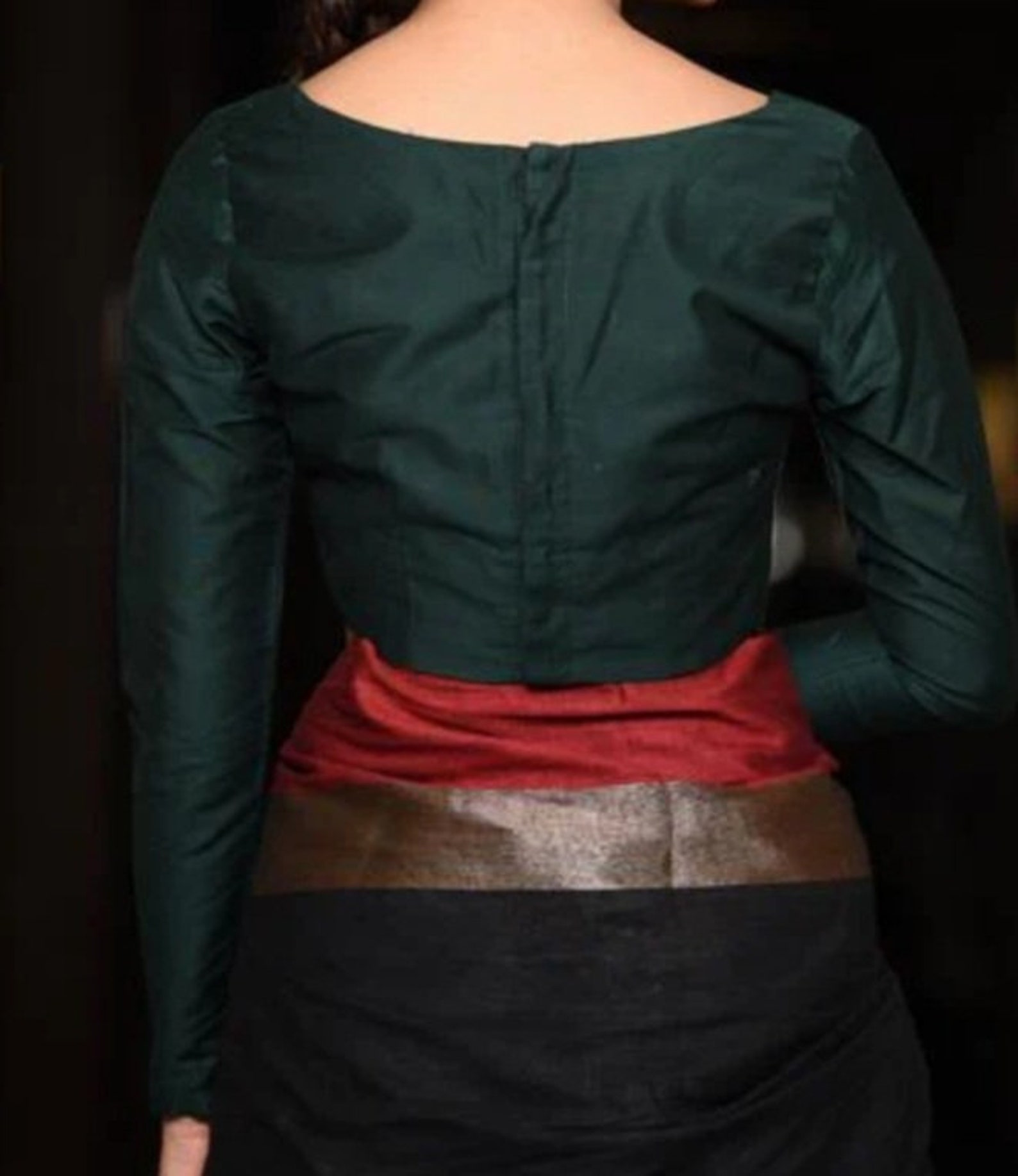 Bottle Green Boat Neck Pure Silk Blouse with Button Hook Closer
