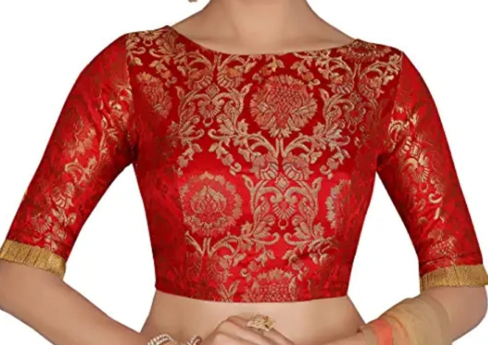 Red Brocade Blouse in Boat Neck Elbow Sleeves Blouse With - Etsy