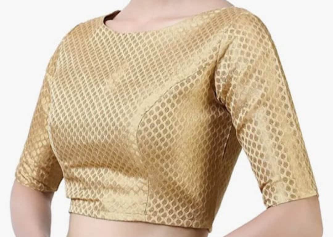 Golden Chanderi Blouse in Boat Neck & Elbow Sleeves Blouse,indian