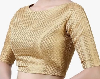 Camicetta dorata in chanderi con scollo a barca e maniche a tre quarti, camicetta indiana, camicetta etnica, camicetta da sari, tutte le taglie disponibili.