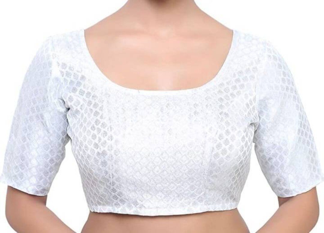 White brocade front-back round neck elbow-sleeve readymade blouse