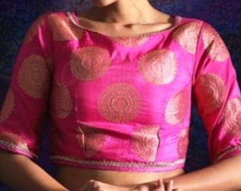 Beautiful Hot Pink Brocade Blouse In Boat Neck And Elbow Sleeves, Back Open Blouse, Indian Blouse,
