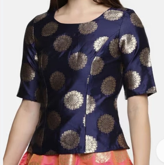 Brocade Kurti Boat Neck Silk Kurti Designs Beautiful Navy Blue