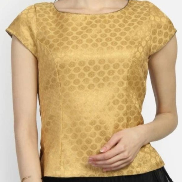 New Golden Brocade Short Kurti In Round Neck And Short Sleeves,Lehanga Kurti,Skirt Top,All Size Available..