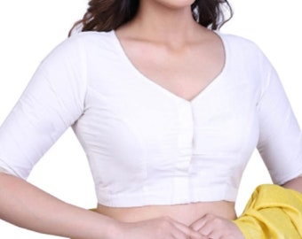 Blusa blanca de algodón con cuello redondo y mangas hasta el codo, blusa para sari, blusa india, blusa para uso diario, todas las tallas disponibles.
