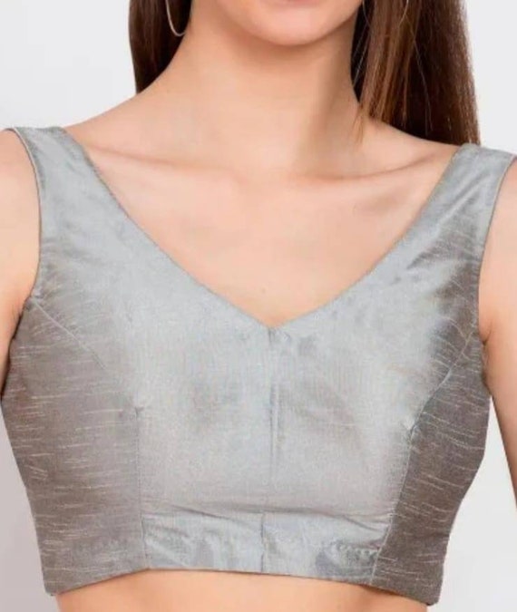 Grey Blouse in Front V Neck and Back Deep Round Neck, Sleevless