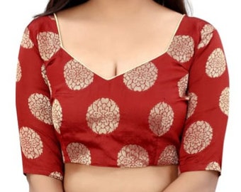 Readymade Red Brocade Silk Blouse In Front Beautiful Neck,Elbow Sleeves Blouse,Indian Blouse, Bridesmaids Blouse,Wedding Blouse.....