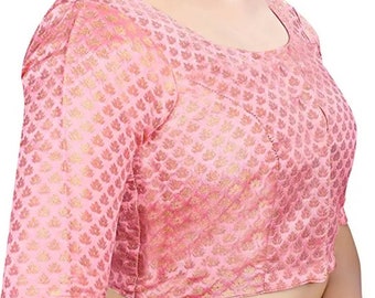 Beautiful Light Pink Brocade Blouse In Round Neck And Elbow Sleeves, Front Open Blouse, Indian Blouse, Saree Blouse,All Size Available....