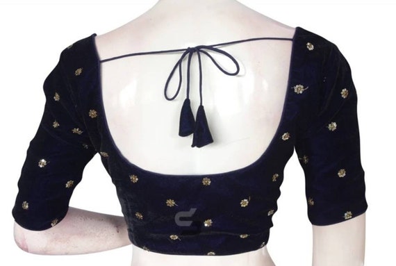 Indian Designer Navy Blue Thread and Sequin Work Velvet Blouse in Round Neck and Elbow Sleeves Front Open indian Blouse Saree Blouse Etsy