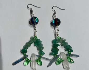 Brincos de Pedras Preciosas da Floresta Mística – Cristais de Aventurina, Quartzo e Cianita – Joias Espirituais Boho, Brincos de Cristal de Cura, Artesanato Artesanal