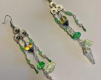 Forest Fairy Crystal Earrings – Green Glass Leaf & Quartz Point Dangles, Boho Nature-Inspired Jewelry, Woodland Sprite Earrings, Handmade